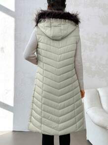 EURMUSE Fuzzy Trim Hooded Puffer Vest Coat - Mint Green - View 2