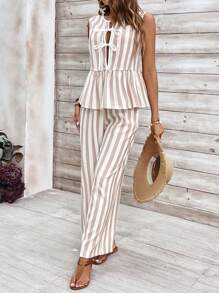 Breezaya Conjunto de dos piezas de chaleco y pantalón largo a rayas con bloques de color, ideal para vacaciones y tiempo libre