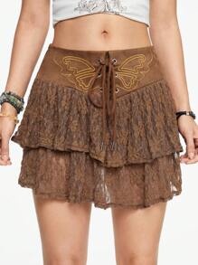 ROMWE Fairycore Váy ren tương phản thêu bướm cổ điển cho mùa hè - màu nâu - Xem 2