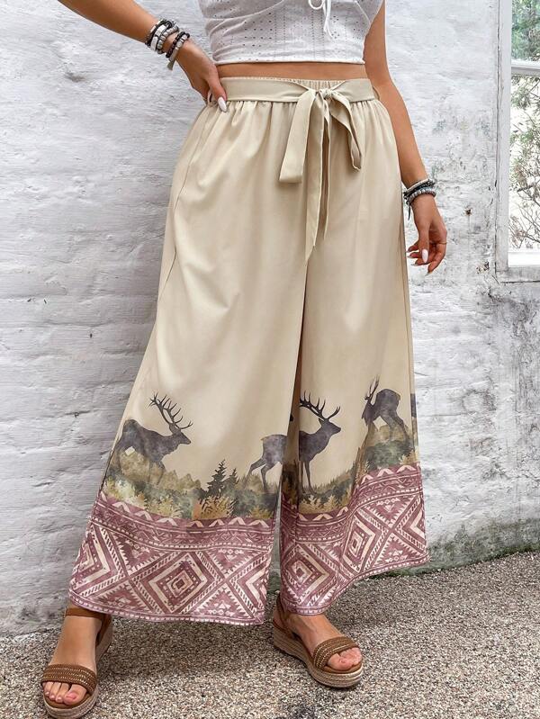 SHEIN VCAY Plus Size Fall  Pattern Painted Deer Tie Wide Leg Pants