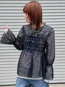 FRIFUL Women's Plain Simple Daily Mesh Top,Ruffle Long Sleeve Top - Black - View 6