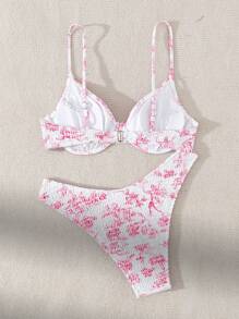SHEIN Swim Women Bikini Set Random Print Underwire Design Summer Beach Vacation Bikini Set - Pink - View 4