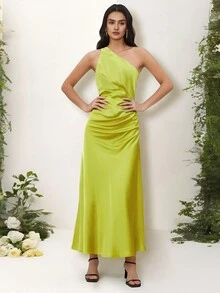 Vestido verde elegante de mujer para fiesta de verano con cuello asimétrico fruncido - Verde Lima - Ver 5