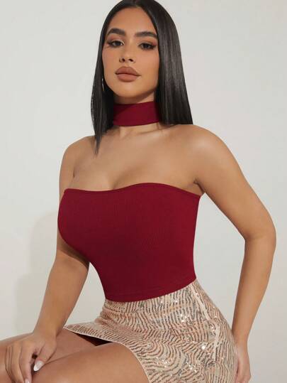 Hauture Top corto de punto acanalado con cuello halter en 2 formas