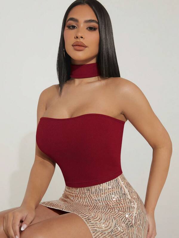 Hauture 2 Ways Halter Ribbed Knit Crop Top