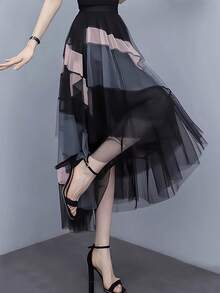 不对称拼布网眼优雅半身裙，春夏 - 黑色 - 查看 4