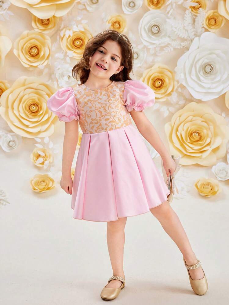 ベビーガールズ キラキラグリッタープリントのメッシュ編みトップス、パフスリーブがついたフォーマルパーティードレス