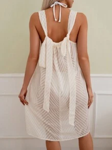 SHEIN Swim 女士單色透視厚肩帶無背袖式遮陽裙，適用於夏季假期 - 杏色 - 查看 1