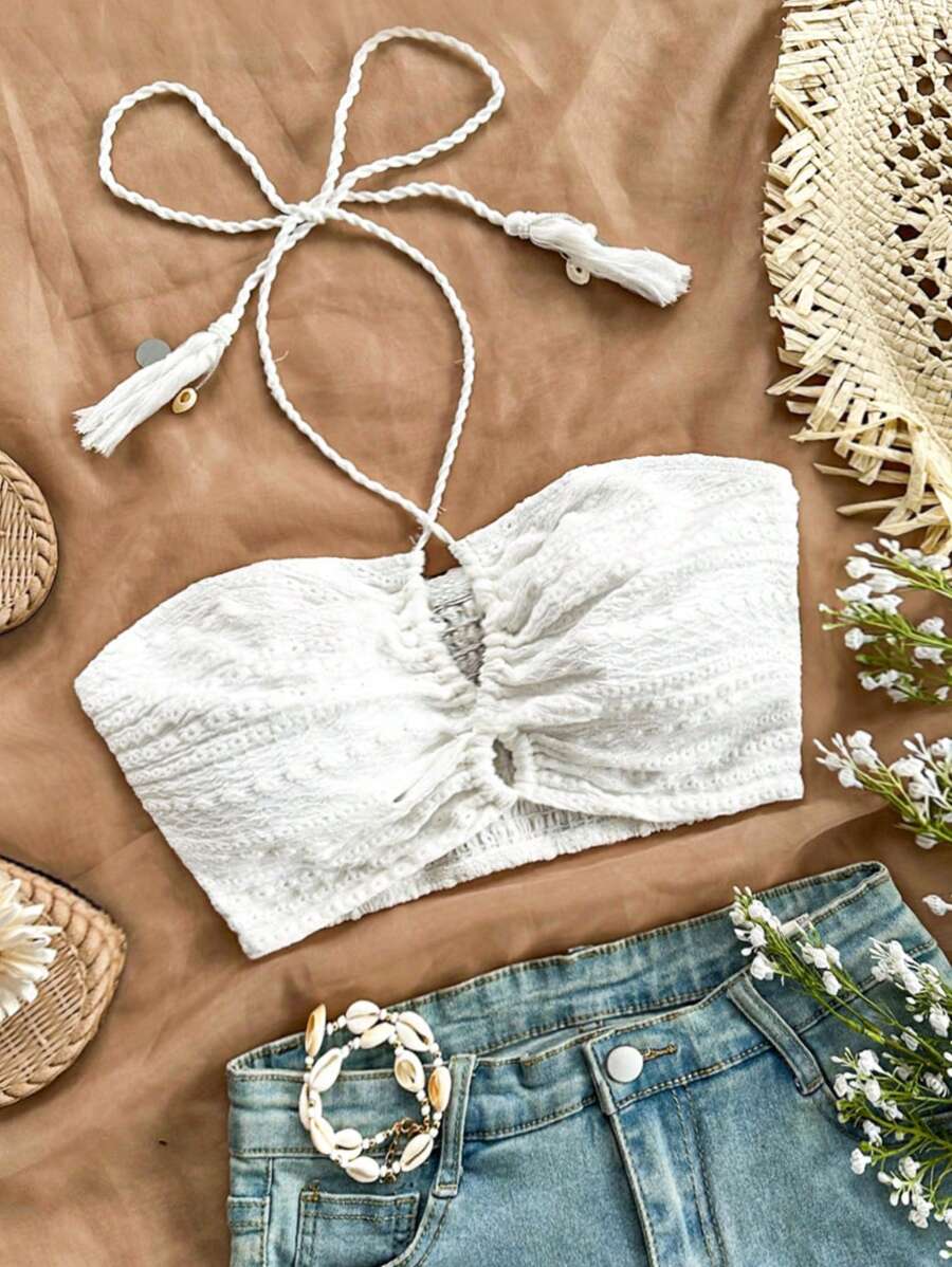 Soleia 女士假期夏季休闲毕业/返校/复活节派对午餐可爱休闲海滩工字背心针织短款背心，白色 - 白色 - 查看 1