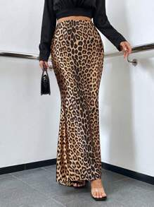 Glamine Falda larga tipo cola de sirena con estampado de leopardo para el atuendo de mujer