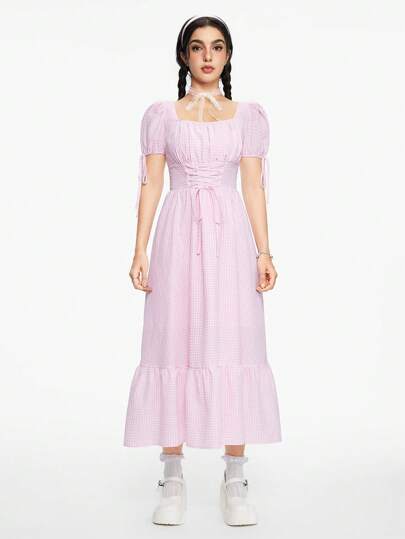 Kawaii Sommerkleid für Damen mit Karomuster, eckigem Kragen, kurzen Puffärmeln und Taillenbindung