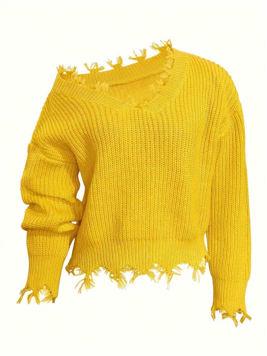 Women's Plus Size Casual Solid Color Pullover Sweater, For Winter - Yellow - View 1