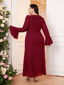 Modelyn Burgundy Red Plus Size Women's Solid Color Splice Ruffle Trim Flare Sleeve Long Elegant Arabic Clothing Long Evening Dresses - Burgundy - View 2