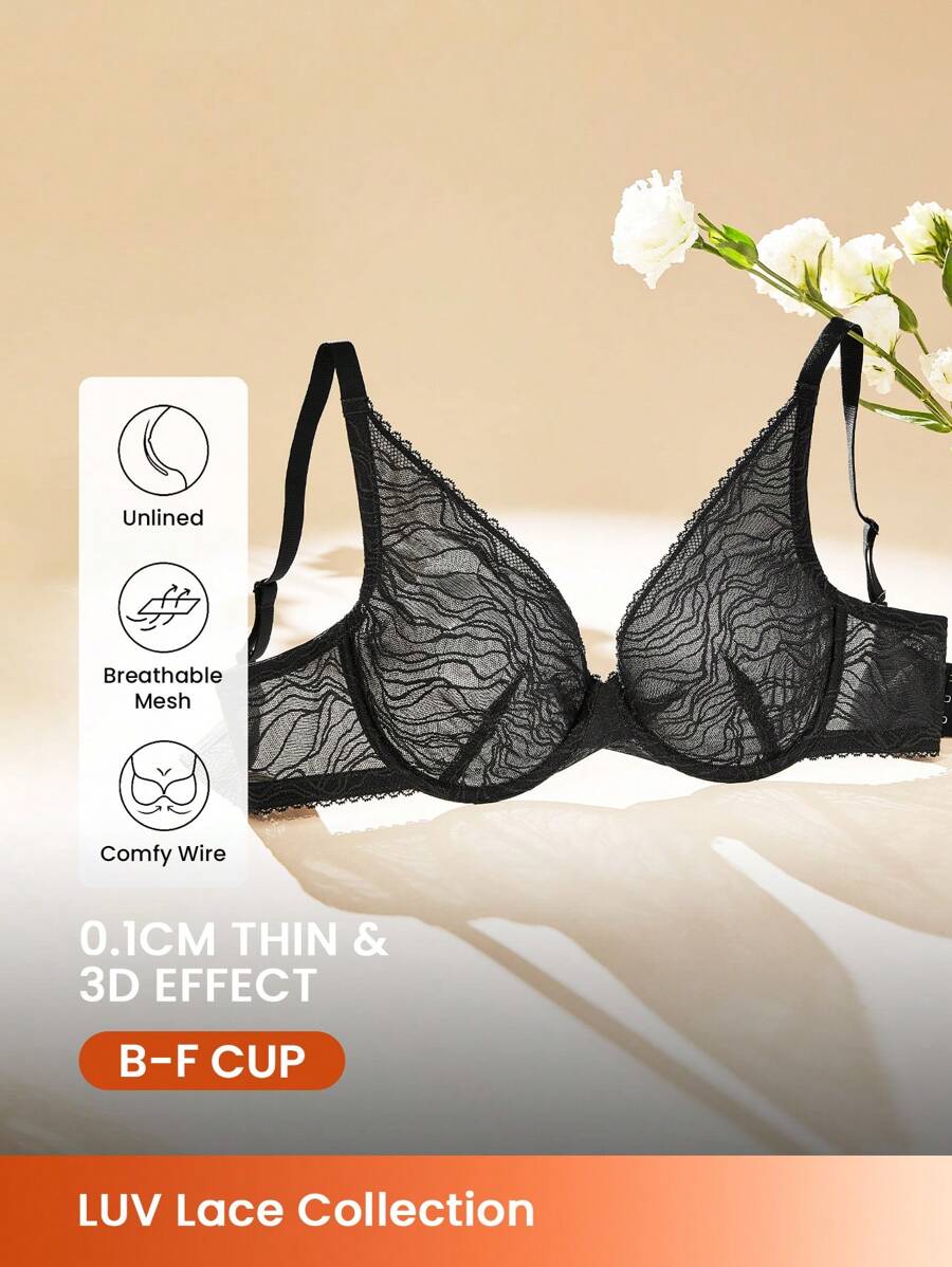 LUVLETTE 内衣休闲曲线低胸无衬里 V 领聚拢蕾丝黑色缩小文胸