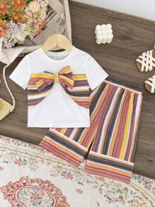 SHEIN Summer Baby Girl's Cute Vacation Knit Striped Short Sleeve T-Shirt With Bowknot, Elastic Waist Loose Pants Set