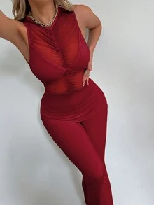 Women's Valentine's Day Sweet See-Through Sexy Round Neck Skin Friendly Mesh Wrinkled Butt Lifting Flared Jumpsuit - Burgundy - View 1