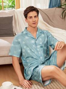 Conjunto informal para hombre de camisa estampada de palmeras de manga corta con botones y shorts para descansar durante las vacaciones