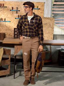 Manfinity Homme Vintage American Style Men's Khaki Denim Cargo Jeans Loose Straight Pants With Patchwork - Khaki - View 6