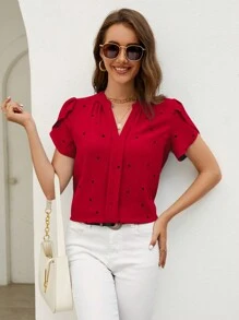 SHEIN Clasi 春季心形印花花瓣袖 V 领夏季海滩女式衬衫、短袖上衣