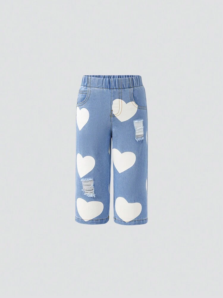 Baby Girl Casual Heart Print Distressed Jeans