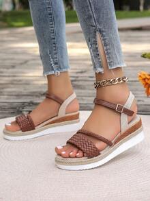 Brown Braided Wedge Sandals For Summer, With Thick Platform, Woven Sole, Ankle Strap, Boho Style, Perfect For Vacation, Sandals That Add Height - Brown - View 5