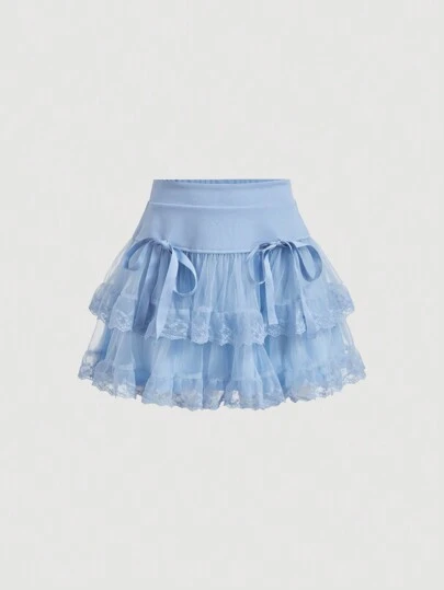 SHEIN MOD 女士纯色网眼蝴蝶结休闲夏季半身裙