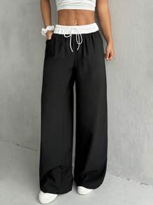 SHEIN EZwear Women's Color-Blocked High Waist Wide Leg Casual Pants With Belt - Black - View 3