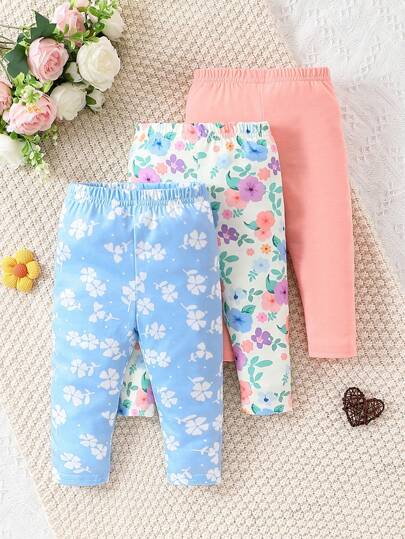 SHEIN Vintaside Kids 3入組嬰兒女寶貝優雅花卉印花緊身褲套裝，適用於春/夏季