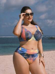 SHEIN Swim Curve 度假款大尺碼夏日海灘縫染印花無背心帶結綁比基尼套裝