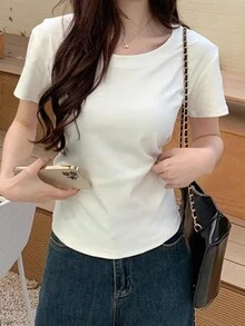女士休闲圆领短袖纯色 T 恤，夏季