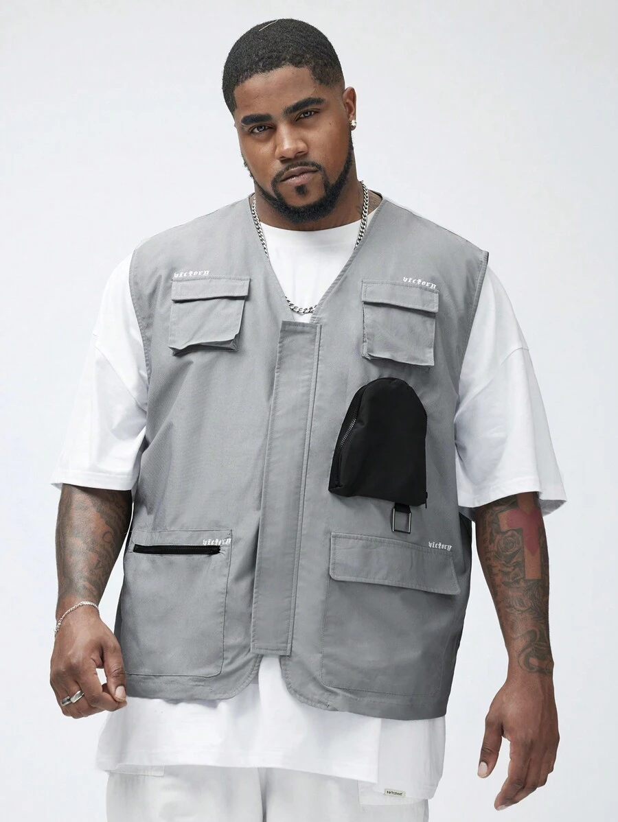 Manfinity VCAY Manfinity NXTstreet Men's Plus Size Woven Casual Patchwork Utility Vest Suitable For Summer - Multicolor - View 1