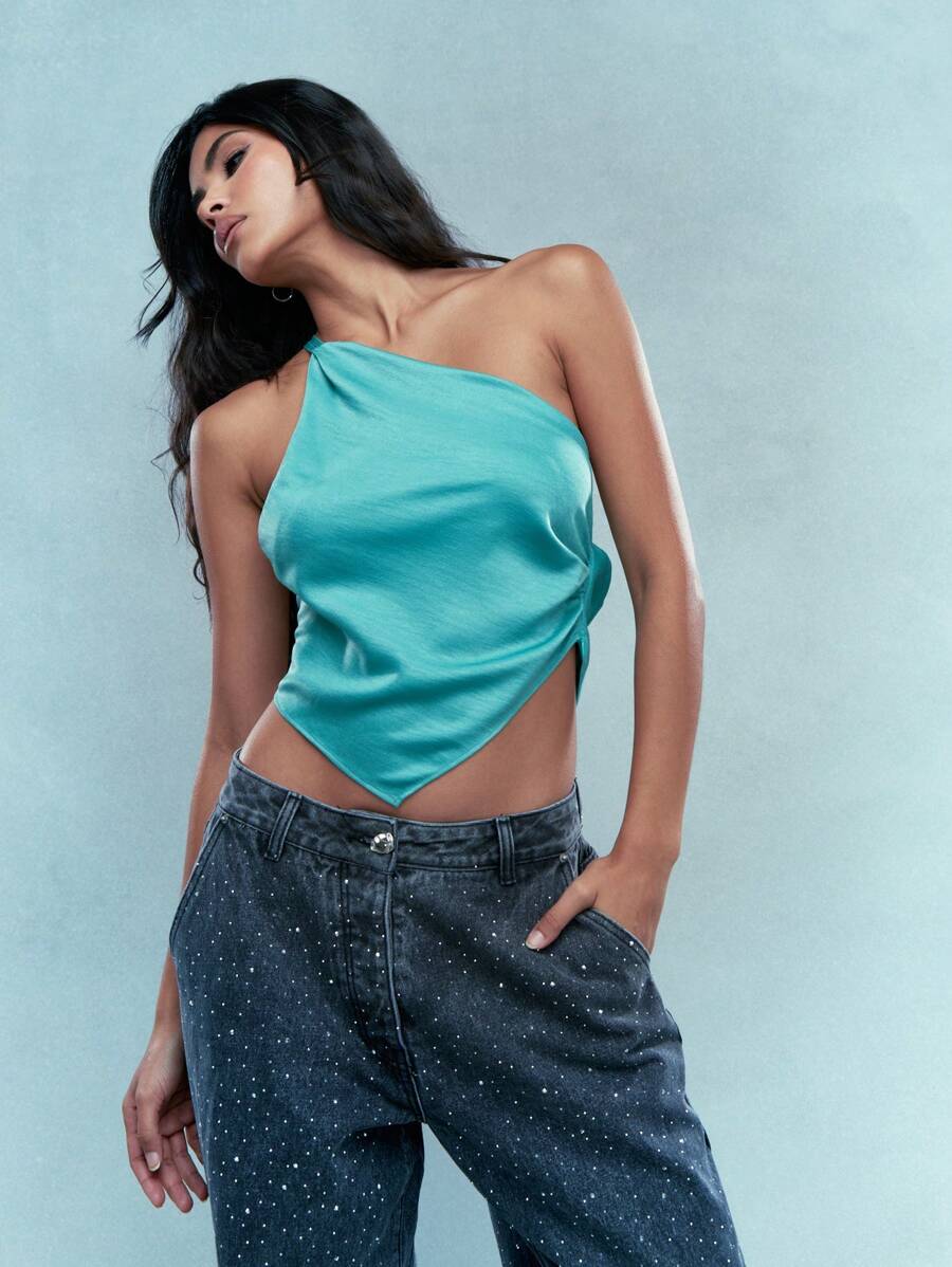 MISSGUIDED 音乐节 圣帕特里克节 幸运单肩不对称露脐上衣 爱尔兰主题派对 无袖夏季海滩假日节 时尚盖尔风格衬衫 圣诞节 - 綠色 - 查看 1