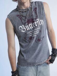 Manfinity Roghcode Y2K Retro Street Style Men's Denim Snowflake Ripped Funny Disco Graphic Vest With Butterfly Pattern, For Friends