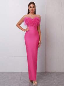 Modphy Sexy Faux Feather Strapless Backless Bodycon Dress, Elegant Formal Gown For Women, Suitable For Evening Party, Wedding, Bridesmaid, Holiday Events - Hot Pink - View 5