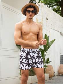 ResortEase Men's Palm Tree Printed Drawstring Waist Loose Beach Shorts For Holiday - Black and White - View 1
