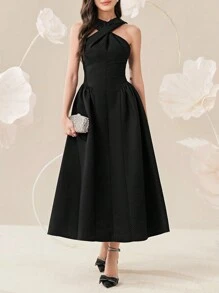 Modelyn Women's Summer Solid Color Cross Twist Knee-Length Sleeveless Elegant Dress