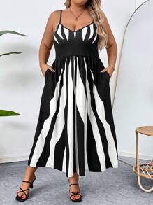 SHEIN CURVE+ Sukienka na ramiączkach plus size z ukrytą kieszenią - Czarne i Białe - Zobacz 5