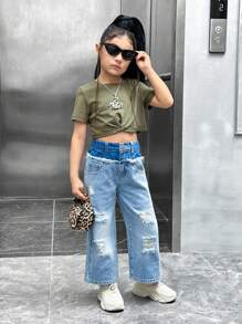 SHEIN YOUNG GIRL 休閒街頭簡約前衛色塊高腰破洞淺色牛仔褲，直筒設計 - 淺色水洗藍 - 查看 3
