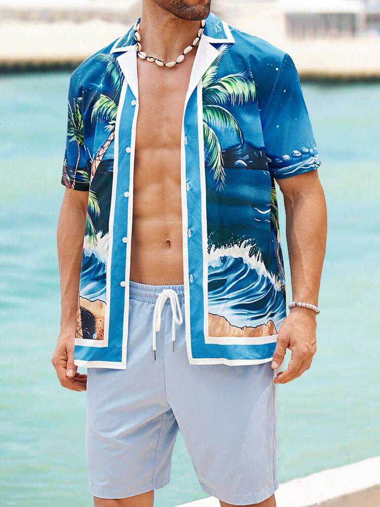 2pcs Men's Beach Outfit, Lightweight Breathable Hawaiian Shirt With Palm Tree Print And Shorts, Summer Beach Vacation Beachwear