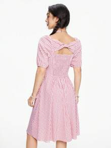 ROMWE Kawaii Women's Casual Plaid Sweetheart Collar Cinched Waist Dress, Summer