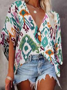 SHEIN LUNE Blusa con estampado de manga murciélago - Multicolor - Ver 1