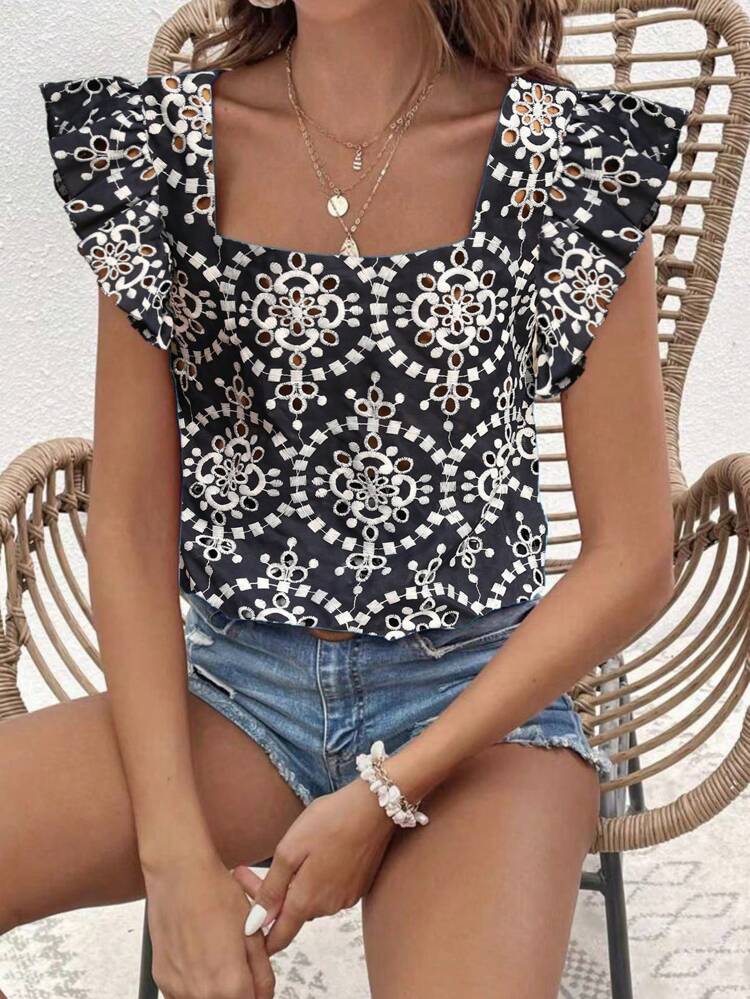 Square Neck Allover Print Pleated Lace Hem Vacation Shirt For Summer