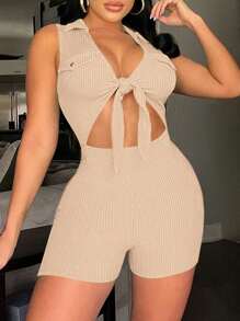 Zolique Women's Textured Stretch Romper With Front Mid Tie Belt - Khaki - View 3