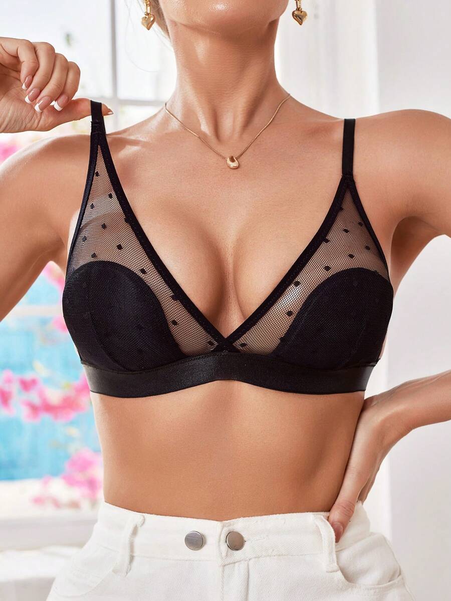 女士黑色休闲透明网眼波尔卡圆点文胸，采用中等弹性面料，带来日常舒适感