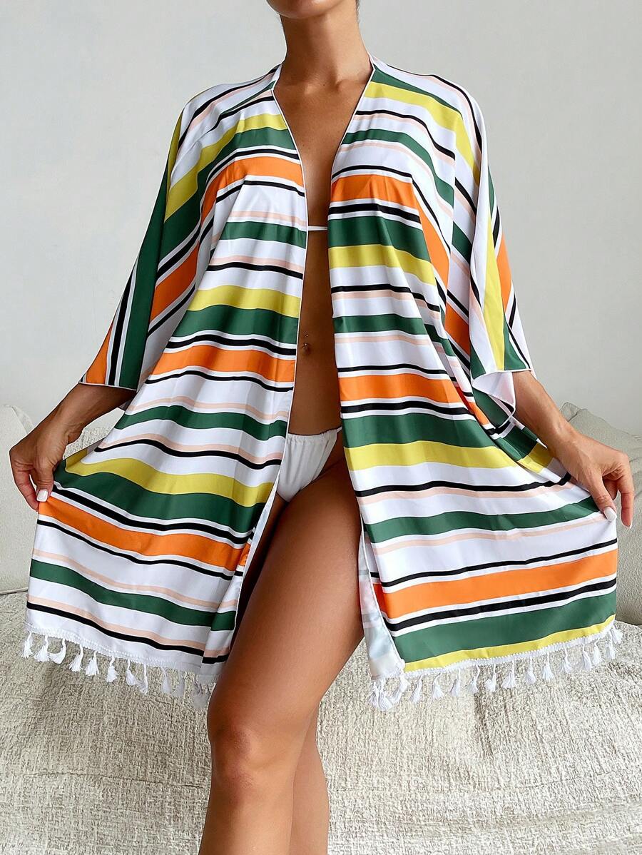 女士條紋印花夏季休閒度假浴衣外套 - 彩色 - 查看 1
