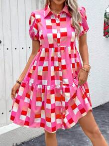 Breezaya 度假休閒格紋泡泡袖鈕扣襯衫連衣裙 - 彩色 - 查看 3