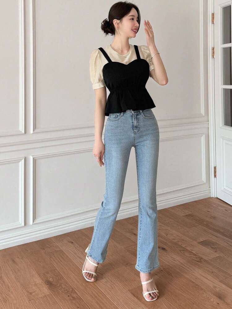 Women's Summer Casual Color-Block Puff Sleeve 2 In 1 Shirt