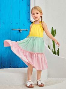 SHEIN 小女童撞色肩部蝴蝶結荷葉邊吊帶連衣裙 - 彩色 - 查看 3