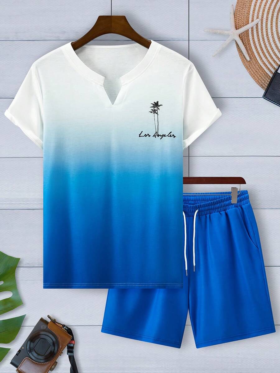 Genlund Men's Summer Palm Tree & Letter Graphic Notched V-Neck Short Sleeve Casual T-Shirt And Drawstring Waist Shorts Set, Going Out - Blue - View 1