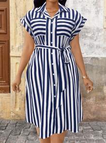 SHEIN LUNE Plus Size Women's Summer Striped Batwing Sleeve Casual Shirt Dress - Multicolor - View 6